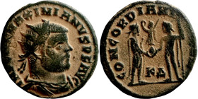 Maximianus. (286-305 AD). Æ Antoninian. Obv: IMP C M A MAXIMIANVS P F AVG. radiate cuirassed bust of Maximianus right. Rev: CONCORDIA MILITVM. Jupiter...