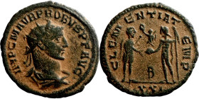 Probus. (276-282 AD). Æ Antoninian. Antioch. Obv: IMP C M AVR PROBVS AVG. radiate cuirassed bust of Probus right. Rev: CLEMENTIA TEMP. Probus standing...