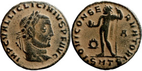 Licinius I. (321-323 AD). Follis. Obv: IMP C VAL LICIN LICINIVS P F AVG. laureate bust of Licinius right. Rev: IOVI CONSERVATORI. Jupiter standing and...