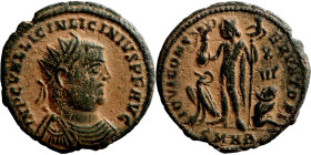 Licinius I. (321-323 AD). Follis. Obv: IMP C VAL LICIN LICINIVS P F AVG. laureate bust of Licinius right. Rev: IOVI CONSERVATORI. Jupiter standing and...