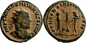 Maximianus. (286-305 AD). Æ Antoninian. Obv: IMP C M A MAXIMIANVS P F AVG. radiate cuirassed bust of Maximianus right. Rev: CONCORDIA MILITVM. Jupiter...