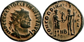 Diocletian. (285 AD). Æ Antoninianus. Obv: IMP C C VAL DIOCLETIANVS P F AVG. radiate cuirassed bust of Diocletian right. Rev: CONCORDIA MILITVM. emper...