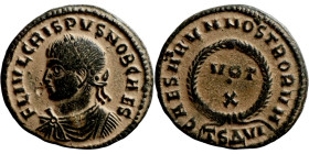 CRISPUS (Caesar, 316-326). AE20 Follis. CRISPVS NOB CAES - Laureate, draped and cuirassed bust right. Rev: CAESARVM NOSTRORVM / RT - VOT .X in two lin...