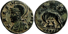 Constantinus I. (306-337 AD). Æ Follis. Antioch. Obv: VRBS ROMA. helmeted bust of Constantinus I. left. Rev: Romulus and Remus.

17mm 2,58g