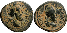 Septimius Severus with Abgar VIII. 193-211. Obv: Laureate head of Septimius Severus right. Rev: ABΓAP BACIΛЄ? Diademed and draped bust of Abgar right,...