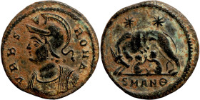 Constantine I (306-337) Commemorative Series. Antioch. Obverse: URBS ROMA. Crested and helmeted bust of Roma left wearing imperial mantle. Reverse: Sh...