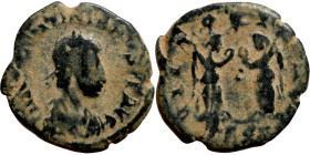 Constantius II, 337-361. Follis. Obverse: CONSTANTIVS PF AVG Diademed, draped and cuirassed bust. Reverse: VICTORIAE DD AVGG Q NN, Two Victories stand...