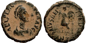 Aelia Flaccilla (379-386) Follis. Obverse: AEL FLAC-CILLA AVG, diademed, draped bust of Aelia Flaccilla right. Reverse: SALlVS REI-PVBLICAE, Victory s...