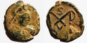 Basiliscus and Marcus, 475-476. Nummus Diademed bust to right. Rev. Monogram of Basiliscus and Marcus. RIC 1034. Nearly very fine. Very rare.

11mm ...