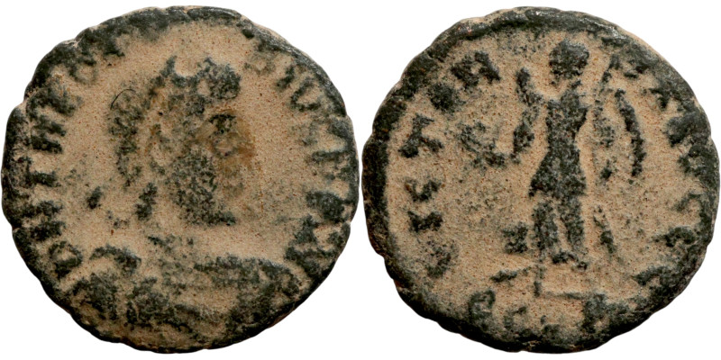 Theodosius I (379-395) Follis. Obverse: DN THEODO-SIVS PF AVG, pearl-diademed, d...