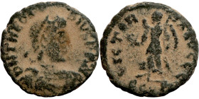 Theodosius I (379-395) Follis. Obverse: DN THEODO-SIVS PF AVG, pearl-diademed, draped, cuirassed bust right Reverse: VICTOR-IA AVGGG, Victory walking ...