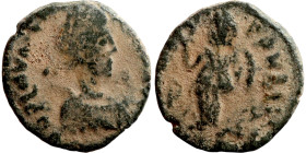 Honorius ( 393-423 ), nummus Obverse: D N HONORIVS P F AVG, Pearl-diademed, draped and cuirassed bust right Reverse:VICTORIA AVG G, Victory walking le...