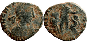 Honorius (393-423) Nummus Obverse: DN HONORI-VS PF AVG, pearl-diademed, draped and cuirassed bust right Reverse: GLORIA RO-MANORVM, Emperor standing r...