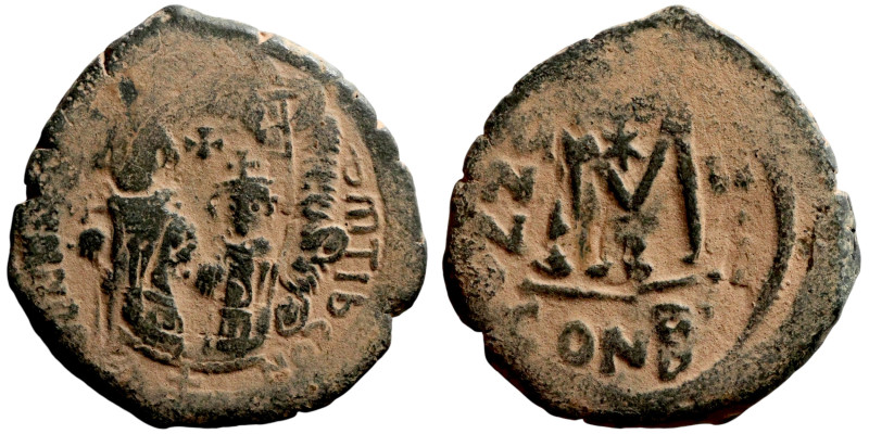 Heraclius and Hercalius Constantine, Follis. Overstruck on Phocas. Obverse: Hera...