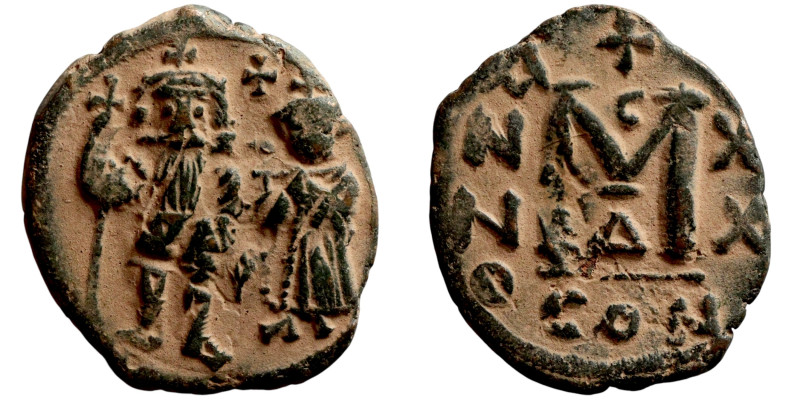 Heraclius and Hercalius Constantine, Follis. Obverse: Heraclius on left, Heracli...