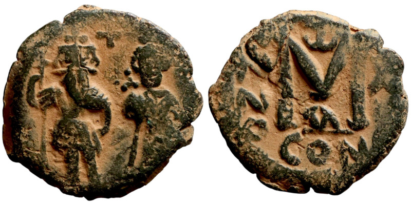 Heraclius and Hercalius Constantine, Follis. Obverse: Heraclius on left, Heracli...