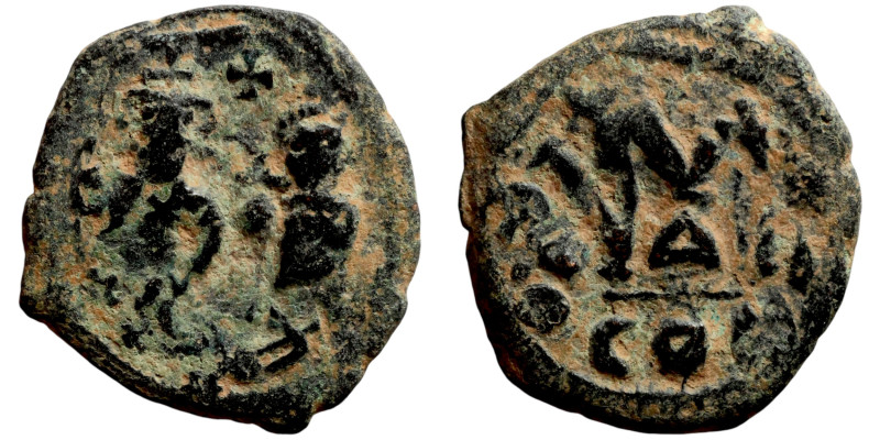 Heraclius and Hercalius Constantine, Follis. Obverse: Heraclius on left, Heracli...