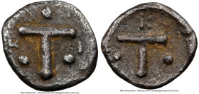 CALABRIA. Tarentum. Ca. 450-380 BC. AR trias (6mm, 5h). NGC Choice VF. Large T surrounded by three pellets; K-I across fields / Large T flanked on eit...