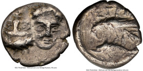 MOESIA. Istrus. Ca. 4th century BC. AR quarter-drachm(?) (11mm, 11h). NGC Choice VF, marks. Two facing male heads side-by-side, the left inverted / IΣ...