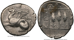 THRACE. Abdera. Ca. 415-385 BC. AR tetrobol (15mm, 4h). NGC VF. Protes, magistrate. ABΔ, griffin springing left / ΕΠΙ-ΠΡΟ-ΤΕΩ, three stalks of grain i...