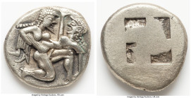 THRACIAN ISLANDS. Thasos. Ca. 500-450 BC. AR stater (21mm, 9.13 gm). Choice VF, tooled. Nude ithyphallic satyr running right, carrying nymph, her righ...