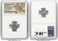 THESSALY. Thessalian League. Ca. 480-460 BC. AR hemidrachm (15mm, 2.94 gm, 7h). NGC AU 4/5 - 3/5. Forepart of bridled horse left / ΦE-TA, grain ear; a...