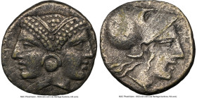 MYSIA. Lampsacus. Ca. 4th-3rd centuries BC. AR diobol (11mm, 6h). NGC Choice VF, scratches. Janiform female head adorned with bands in hair and emboss...