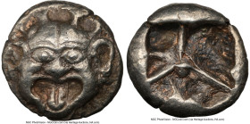 MYSIA. Parium. Ca. 500-450 BC. AR drachm (13mm). NGC Choice XF. Gorgoneion facing with open mouth and protruding tongue / Crude disjointed incuse squa...