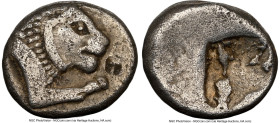 CARIA. Mylasa(?). Ca. 520-450 BC. AR 1/6 stater (11mm). NGC Choice Fine, countermark. Forepart of lion right with one extended foreleg / Incuse square...