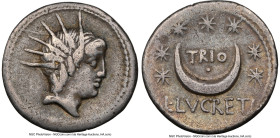 L. Lucretius Trio (ca. 76/4 BC). AR denarius (18mm, 7h). NGC Choice Fine. Rome. Radiate head of Sol right / TRIO / • / L•LVCRETI, crescent moon surrou...