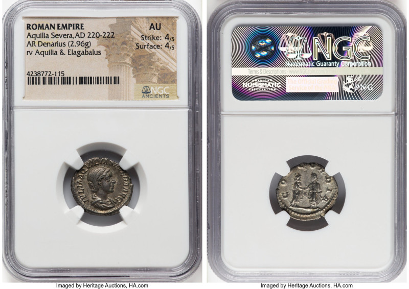 Aquilia Severa (AD 220-222). AR denarius (18mm, 2.96 gm, 12h). NGC AU 4/5 - 4/5....