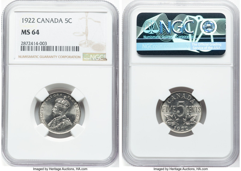 George V Pair of Certified 5 Cents NGC, 1) 5 Cents 1922 - MS64, Ottawa mint, KM2...