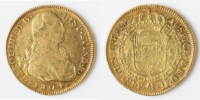 Charles IV gold 8 Escudos 1804 P-JF AU, Popayan mint, KM62.2. 36.9mm. 26.97gm. B...