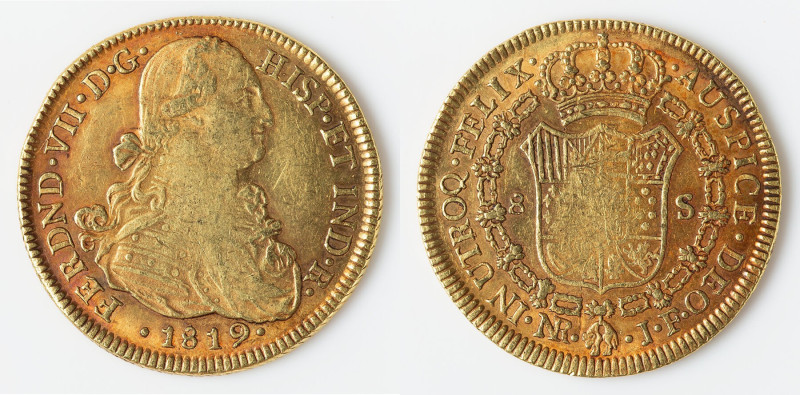 Ferdinand VII gold 8 Escudos 1819 NR-JF XF, Nuevo Reino, KM66.1, Cal-82. 37.9mm....