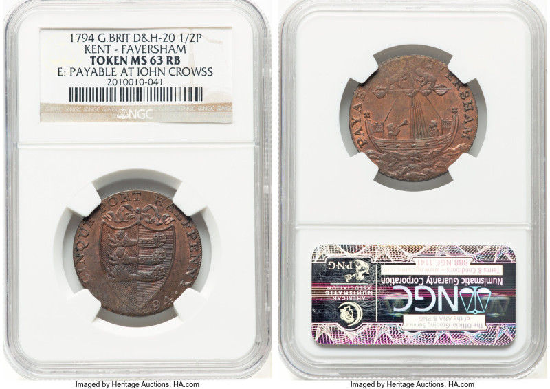 Pair of Certified Assorted copper 1/2 Penny Tokens NGC, 1) Kent. Faversham coppe...