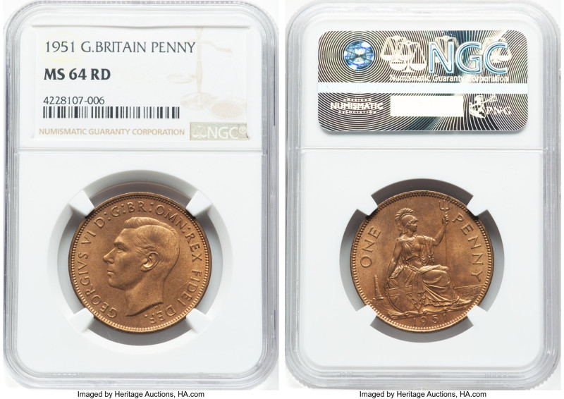 George VI Pair of Certified Assorted Issues NGC, 1) Penny 1951 - MS64 Red, Royal...