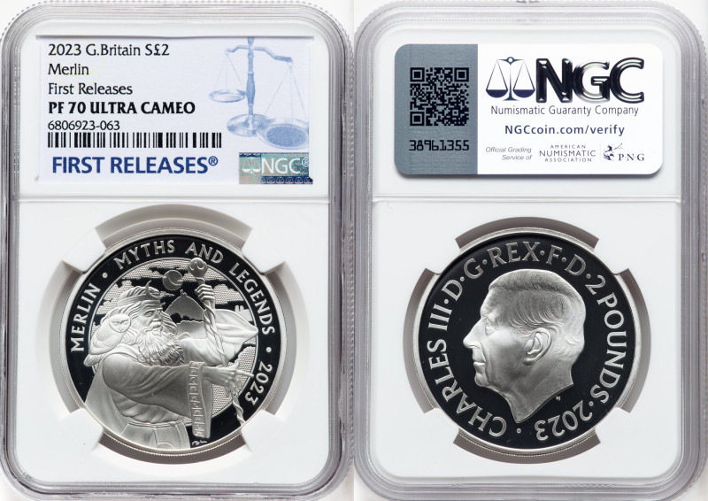 Charles III silver Proof "Merlin" 2 Pounds (1 oz) 2023 PR70 Ultra Cameo NGC, Min...