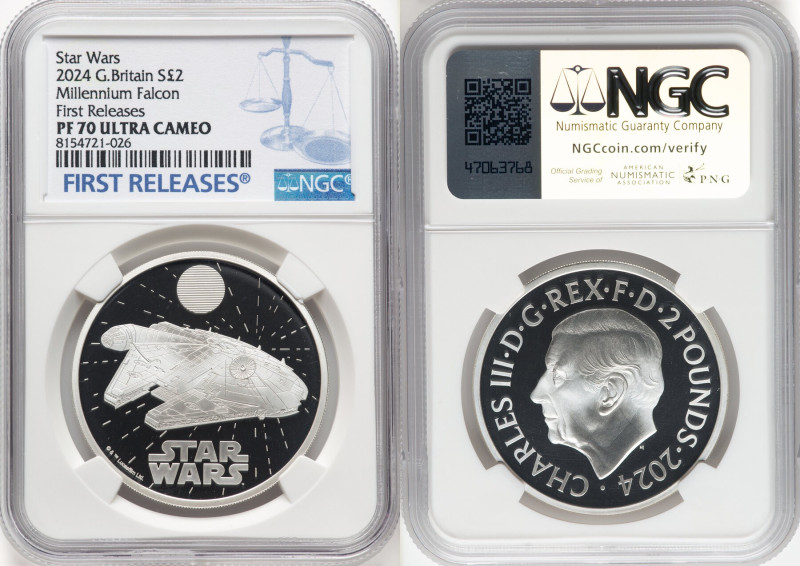 Charles III silver Proof "Millennium Falcon" 2 Pounds (1 oz) 2024 PR70 Ultra Cam...