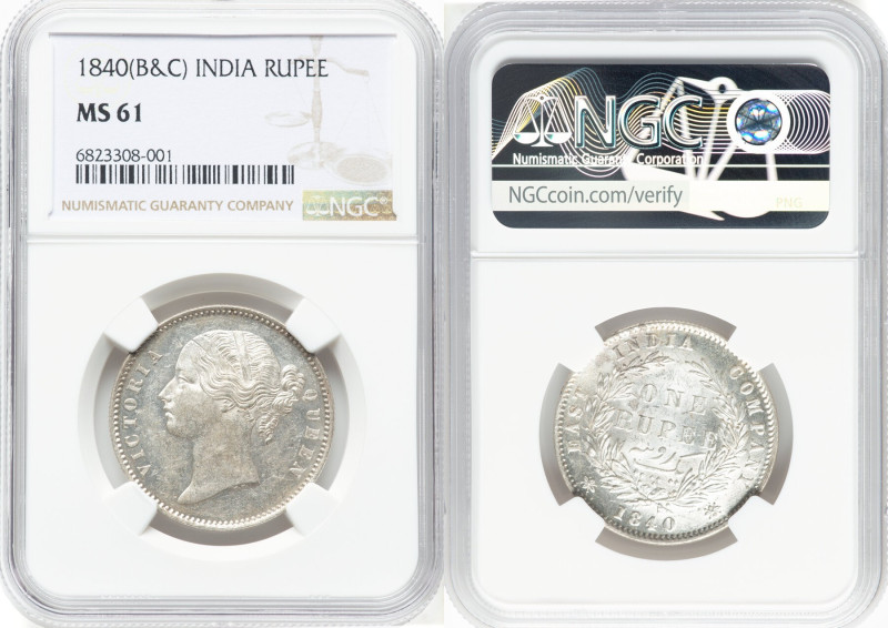 British India. Victoria Rupee 1840-(b & ) MS61 NGC, Calcutta mint, KM458.2. HID0...