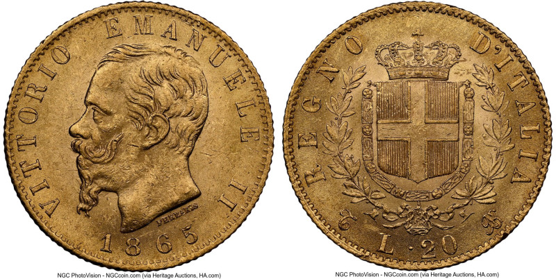 Vittorio Emanuele II gold 20 Lire 1865 T-BN MS62 NGC, Turin mint, KM10.1, Fr-11....