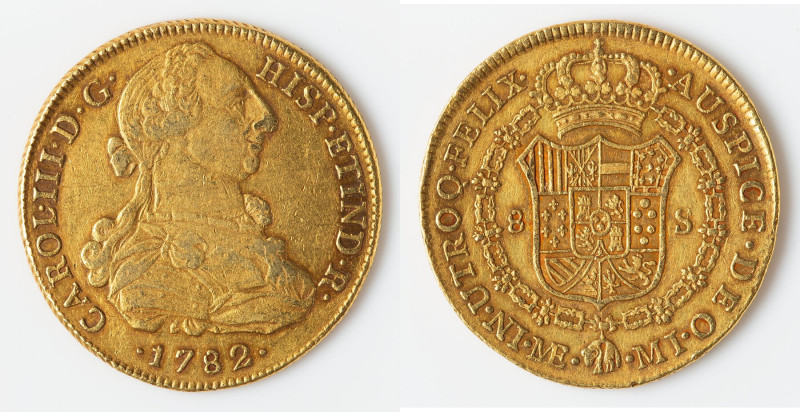Charles III gold 8 Escudos 1782 LM-MI XF, Lima mint, KM82.1, Cal-1944, Fr-32. 37...