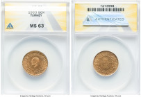 Republic gold 50 Kurush 1963 MS63 ANACS, Istanbul mint, KM871. Kemal Ataturk death commemorative (Turkish bullion coinage). HID09801242017 © 2024 Heri...