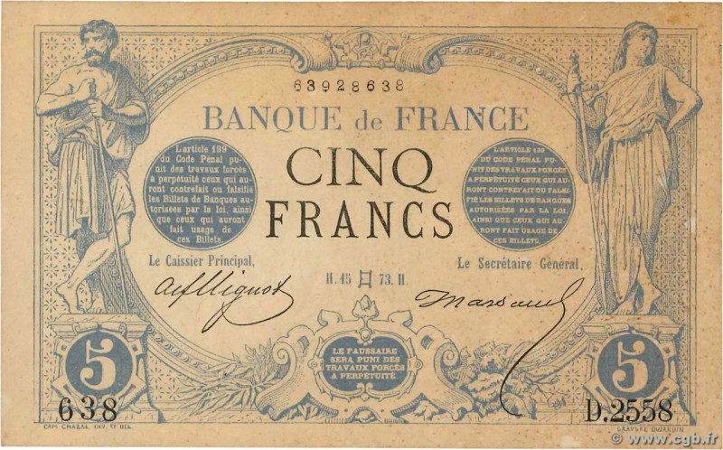 Country : FRANCE 
Face Value : 5 Francs NOIR 
Date : 15 mai 1873 
Period/Provinc...