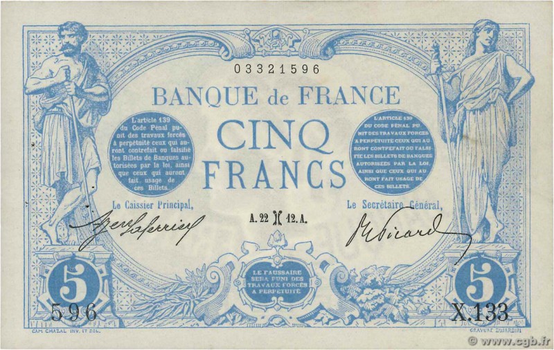 Country : FRANCE 
Face Value : 5 Francs BLEU 
Date : 22 février 1912 
Period/Pro...