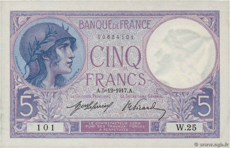 Country : FRANCE 
Face Value : 5 Francs VIOLET 
Date : 05 décembre 1917 
Period/...
