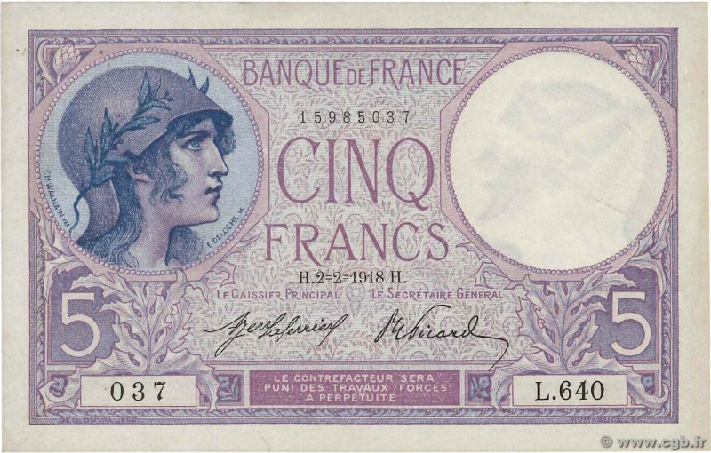 Country : FRANCE 
Face Value : 5 Francs VIOLET 
Date : 02 février 1918 
Period/P...