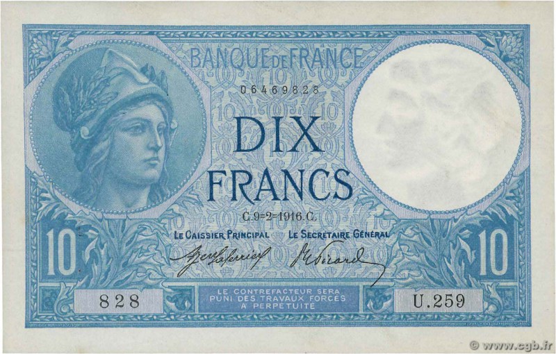 Country : FRANCE 
Face Value : 10 Francs MINERVE 
Date : 09 février 1916 
Period...