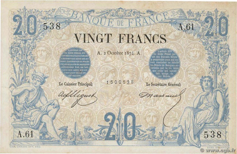 Country : FRANCE 
Face Value : 20 Francs NOIR 
Date : 02 octobre 1874 
Period/Pr...
