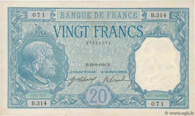 Country : FRANCE 
Face Value : 20 Francs BAYARD 
Date : 18 août 1916 
Period/Pro...