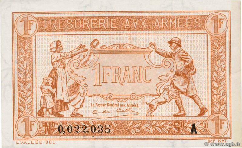 Country : FRANCE 
Face Value : 1 Franc TRÉSORERIE AUX ARMÉES 1917 
Date : 1917 
...